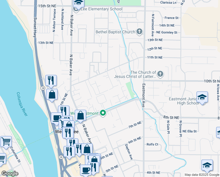 map of restaurants, bars, coffee shops, grocery stores, and more near 1012 North Devon Avenue in East Wenatchee