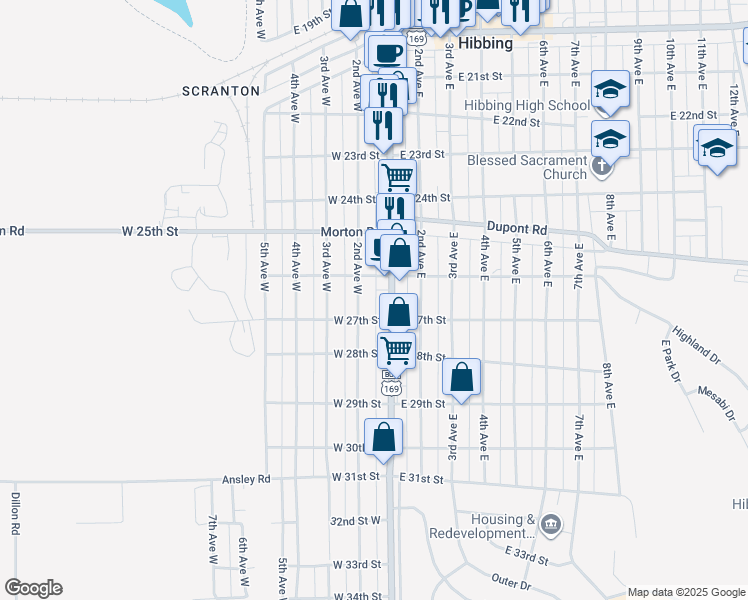 map of restaurants, bars, coffee shops, grocery stores, and more near 2626 2nd Avenue West in Hibbing