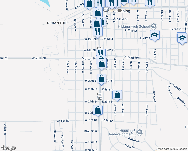 map of restaurants, bars, coffee shops, grocery stores, and more near 2626 2nd Avenue West in Hibbing