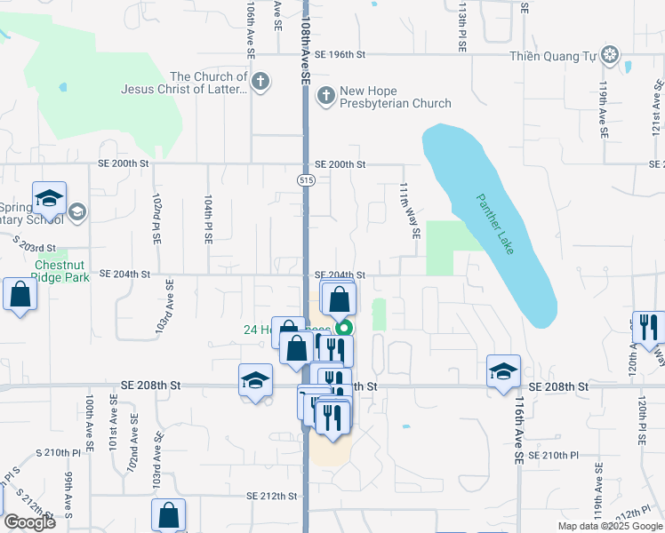 map of restaurants, bars, coffee shops, grocery stores, and more near 10836 Southeast 204th Street in Kent