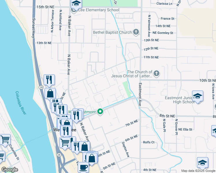 map of restaurants, bars, coffee shops, grocery stores, and more near 1012 North Devon Avenue in East Wenatchee