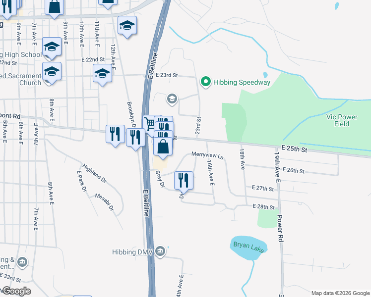 map of restaurants, bars, coffee shops, grocery stores, and more near 1501 Merryview Lane in Hibbing