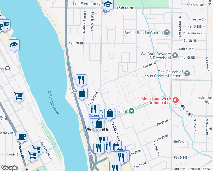 map of restaurants, bars, coffee shops, grocery stores, and more near 210 11th Street Northeast in East Wenatchee