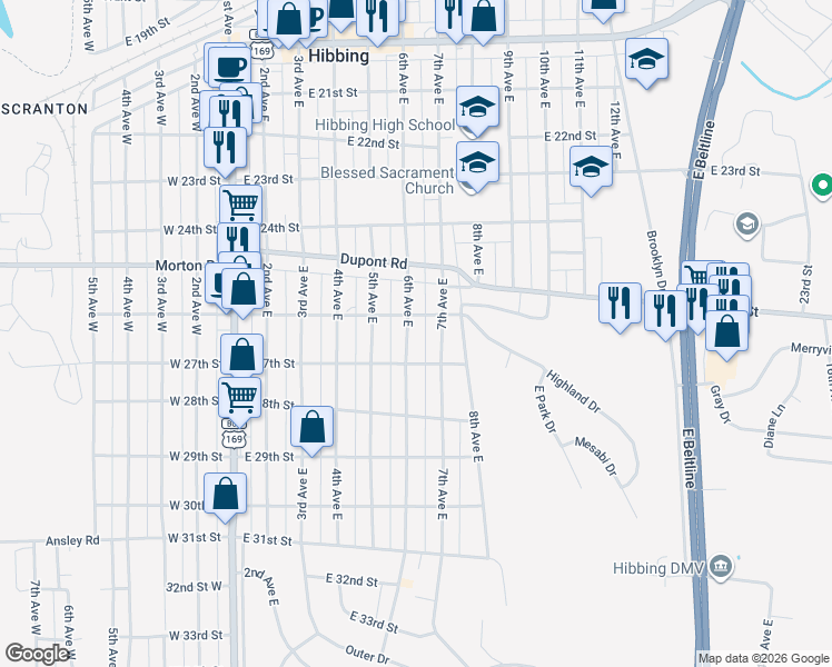 map of restaurants, bars, coffee shops, grocery stores, and more near 2623 7th Avenue East in Hibbing