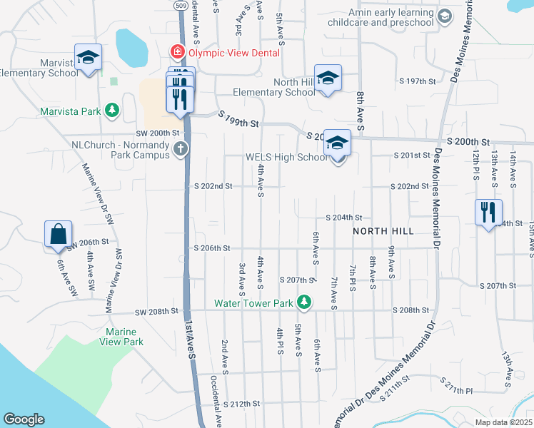 map of restaurants, bars, coffee shops, grocery stores, and more near 20411 4th Avenue South in Des Moines