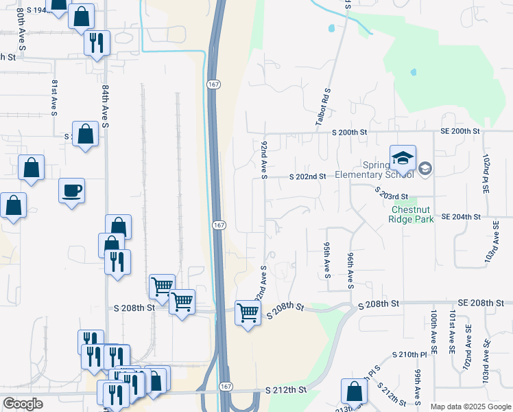 map of restaurants, bars, coffee shops, grocery stores, and more near 20308 91st Place South in Kent