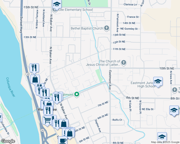 map of restaurants, bars, coffee shops, grocery stores, and more near 1009 North Devon Avenue in East Wenatchee