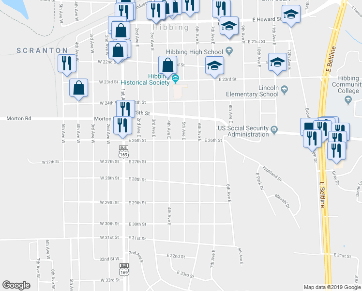 map of restaurants, bars, coffee shops, grocery stores, and more near 2605 5th Avenue East in Hibbing