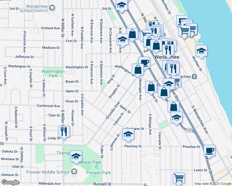 map of restaurants, bars, coffee shops, grocery stores, and more near 535 Douglas Street in Wenatchee