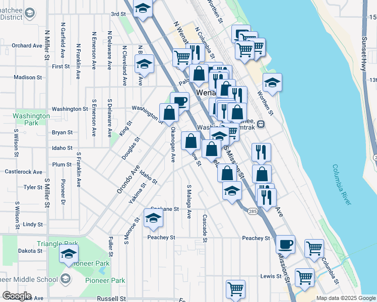 map of restaurants, bars, coffee shops, grocery stores, and more near 302 Methow Street in Wenatchee