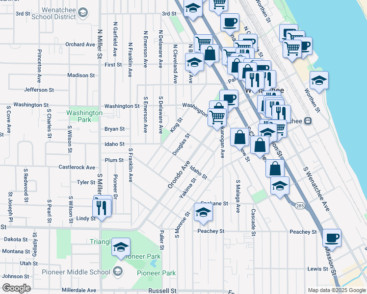 map of restaurants, bars, coffee shops, grocery stores, and more near 535 Douglas Street in Wenatchee