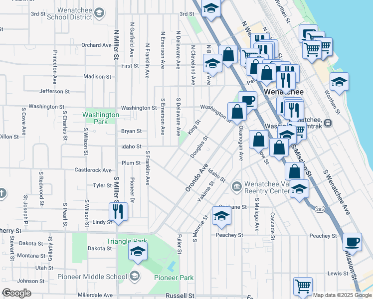 map of restaurants, bars, coffee shops, grocery stores, and more near 535 Douglas Street in Wenatchee