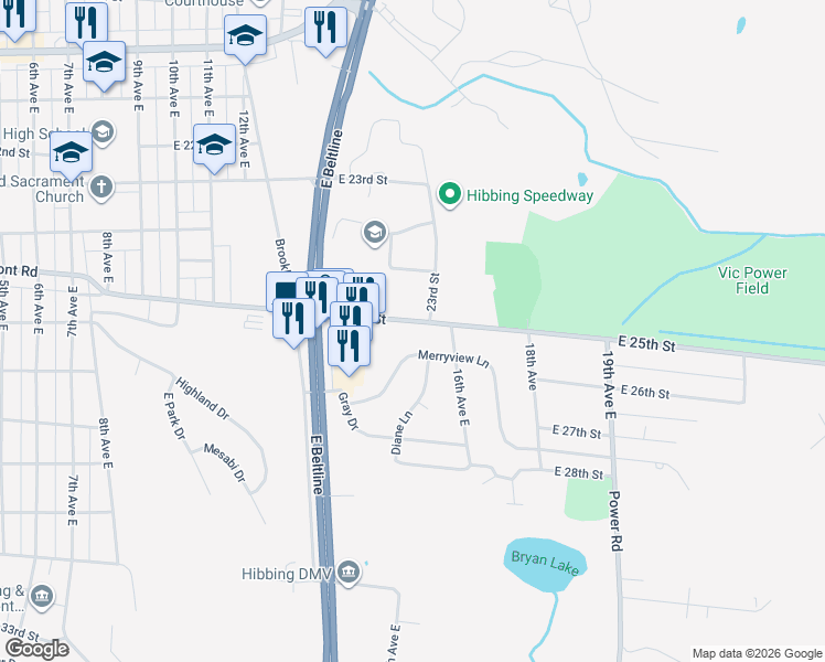 map of restaurants, bars, coffee shops, grocery stores, and more near 1501 Merryview Lane in Hibbing