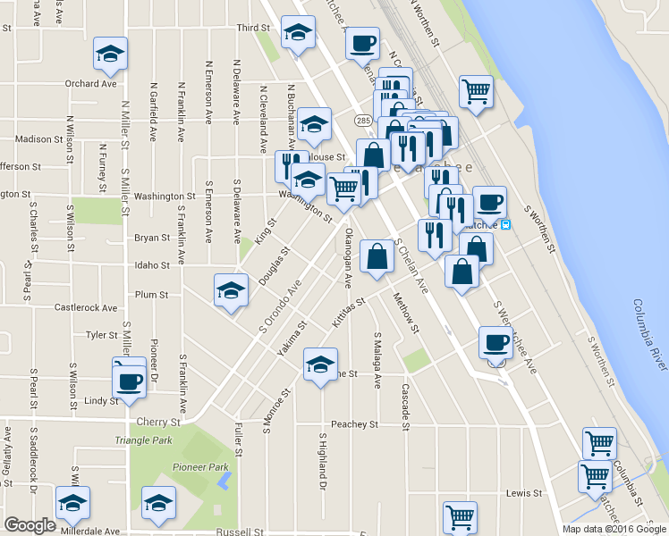 map of restaurants, bars, coffee shops, grocery stores, and more near 505 Yakima Street in Wenatchee