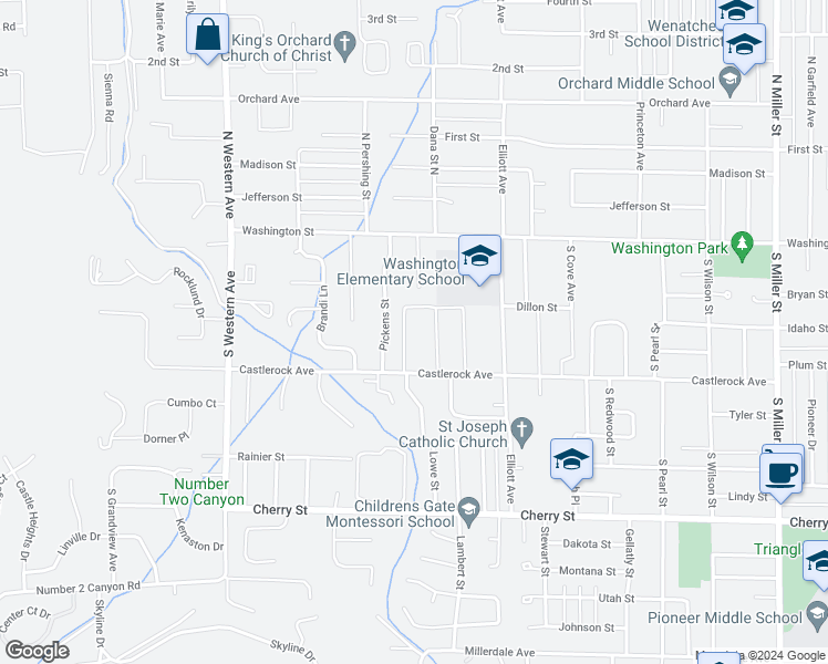 map of restaurants, bars, coffee shops, grocery stores, and more near 1514 Castlerock Avenue in Wenatchee