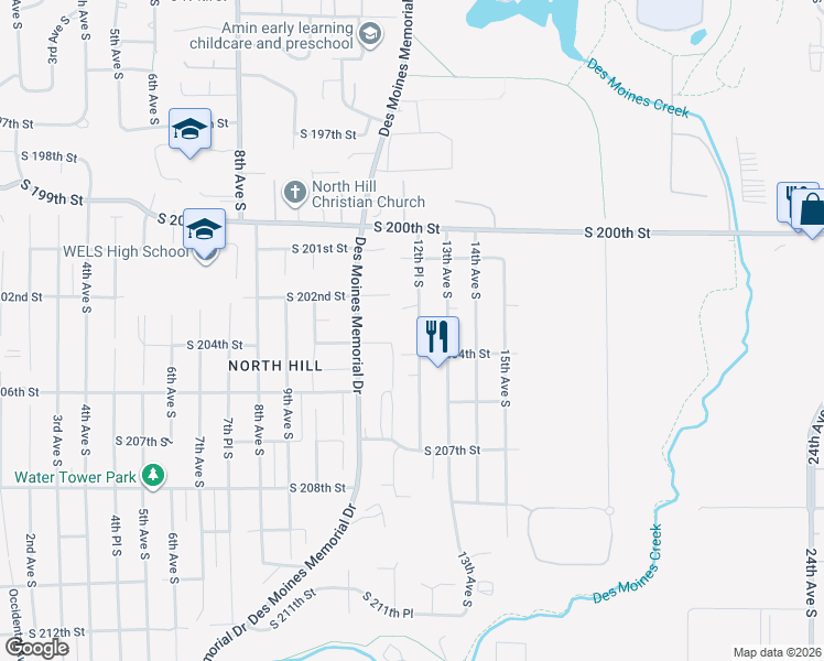 map of restaurants, bars, coffee shops, grocery stores, and more near 1231 South 204th Street in SeaTac