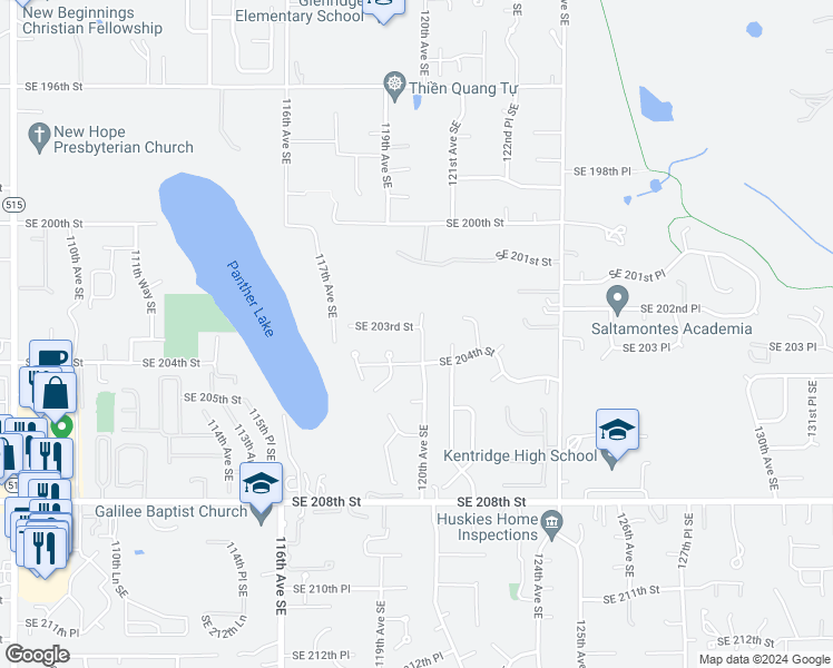 map of restaurants, bars, coffee shops, grocery stores, and more near 11925 Southeast 203rd Street in Kent