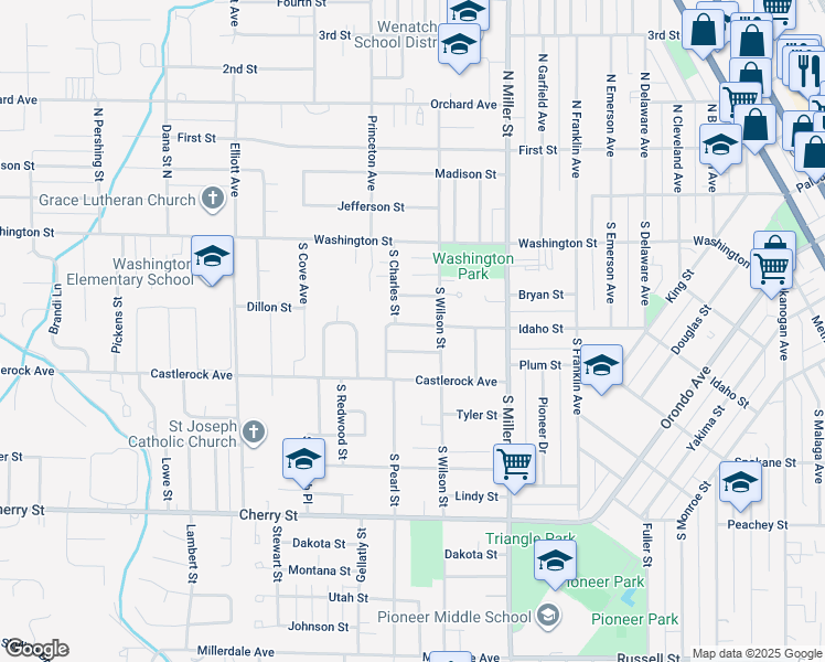 map of restaurants, bars, coffee shops, grocery stores, and more near 1113 Idaho Street in Wenatchee