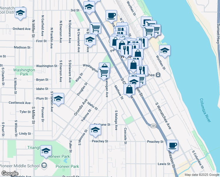 map of restaurants, bars, coffee shops, grocery stores, and more near 119 Okanogan Avenue in Wenatchee