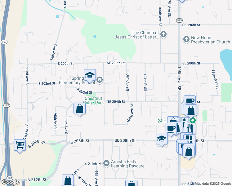 map of restaurants, bars, coffee shops, grocery stores, and more near 10017 Southeast 202nd Street in Kent