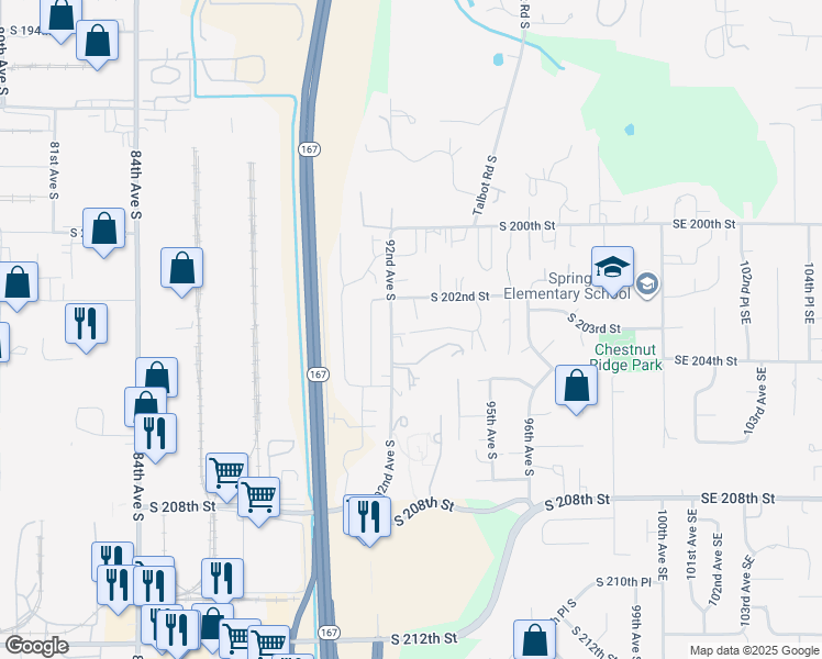 map of restaurants, bars, coffee shops, grocery stores, and more near 9300 South 203rd Place in Kent