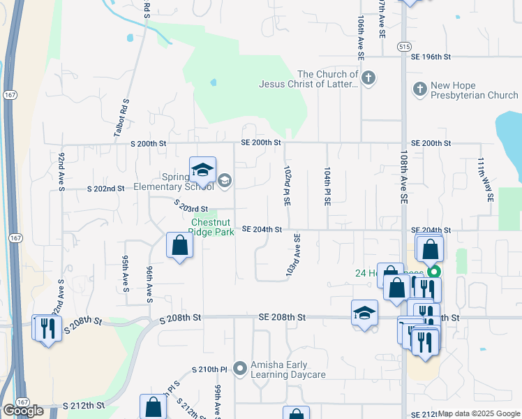 map of restaurants, bars, coffee shops, grocery stores, and more near 10017 Southeast 202nd Street in Kent