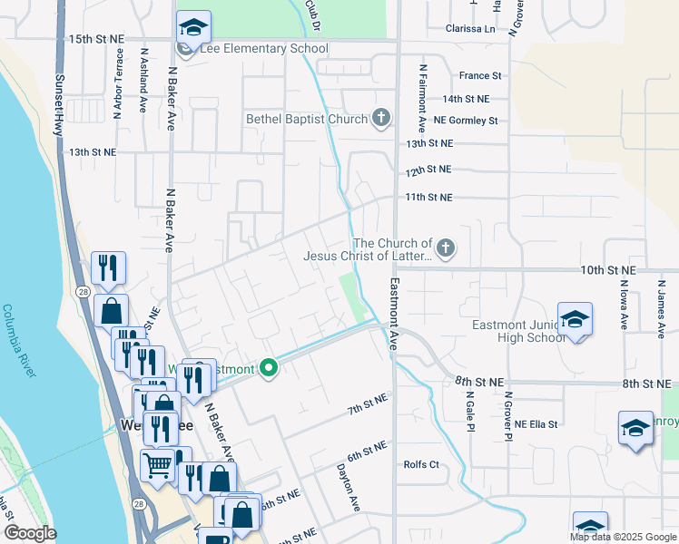 map of restaurants, bars, coffee shops, grocery stores, and more near 1011 North Denis Court in East Wenatchee