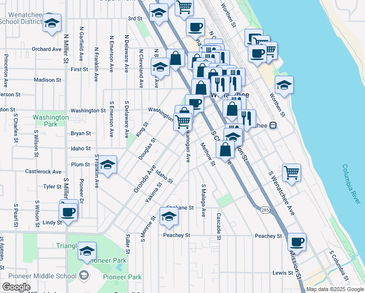 map of restaurants, bars, coffee shops, grocery stores, and more near 415 Orondo Avenue in Wenatchee