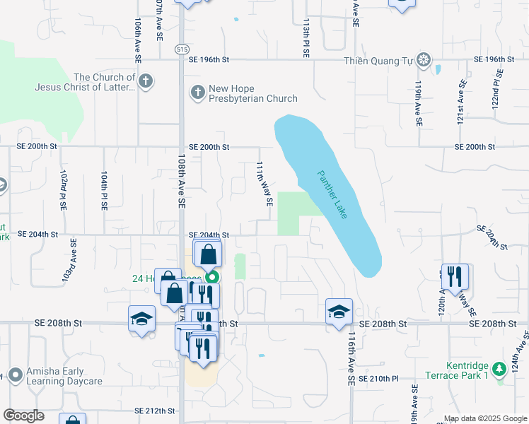 map of restaurants, bars, coffee shops, grocery stores, and more near 20269 111th Way Southeast in Kent