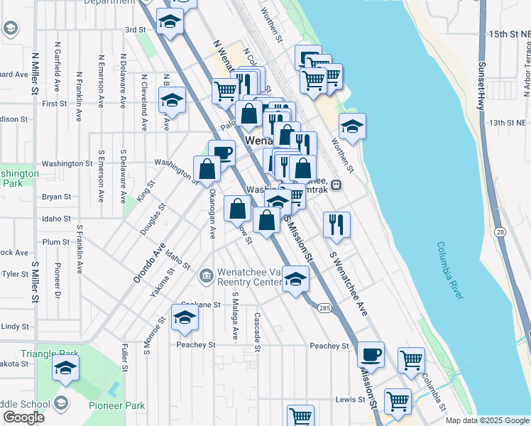 map of restaurants, bars, coffee shops, grocery stores, and more near 218 South Mission Street in Wenatchee