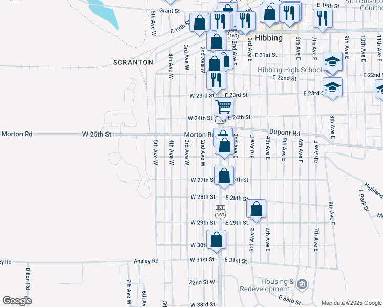 map of restaurants, bars, coffee shops, grocery stores, and more near 2530 3rd Avenue West in Hibbing