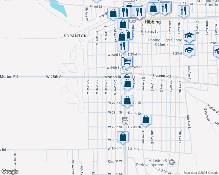 map of restaurants, bars, coffee shops, grocery stores, and more near 2530 3rd Avenue West in Hibbing