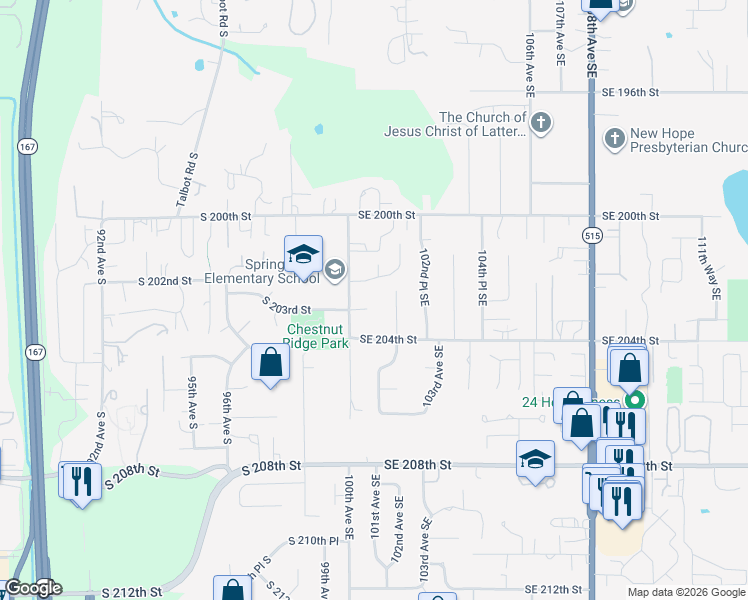 map of restaurants, bars, coffee shops, grocery stores, and more near 10016 Southeast 203rd Street in Kent