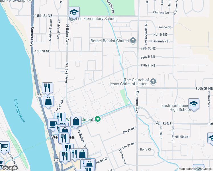 map of restaurants, bars, coffee shops, grocery stores, and more near 1025 North Devon Avenue in East Wenatchee