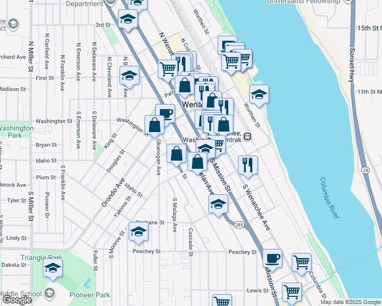 map of restaurants, bars, coffee shops, grocery stores, and more near in Wenatchee