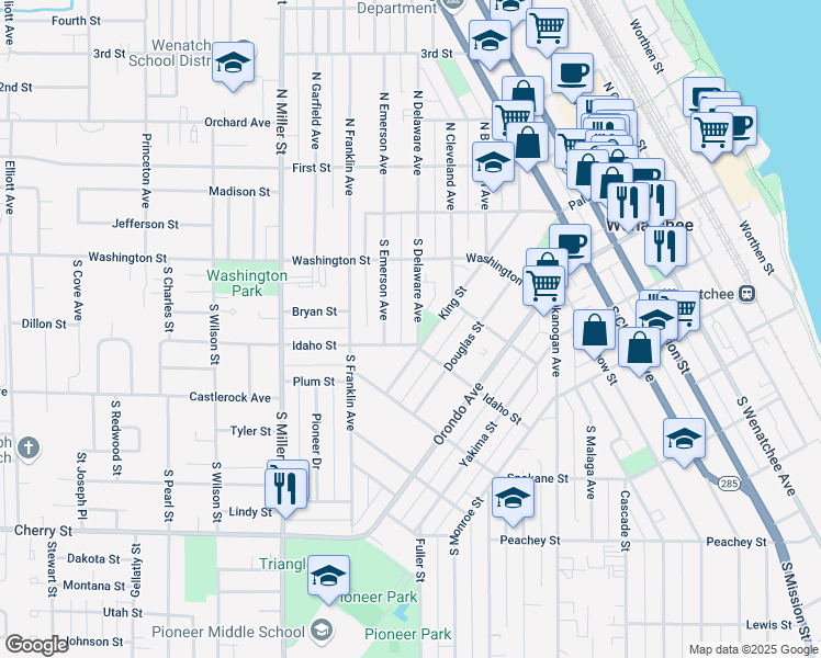map of restaurants, bars, coffee shops, grocery stores, and more near 140 South Delaware Avenue in Wenatchee
