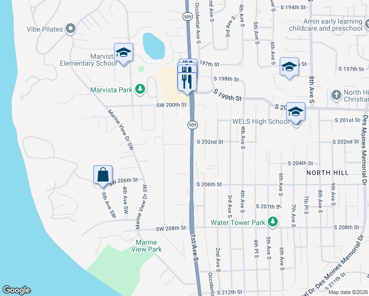 map of restaurants, bars, coffee shops, grocery stores, and more near 104 Southwest 202nd Street in Normandy Park
