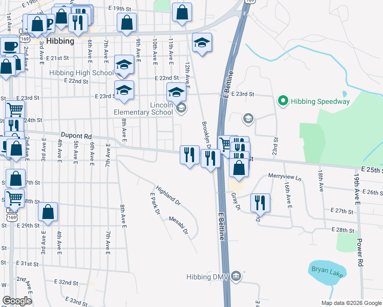 map of restaurants, bars, coffee shops, grocery stores, and more near County Highway 63 in Hibbing