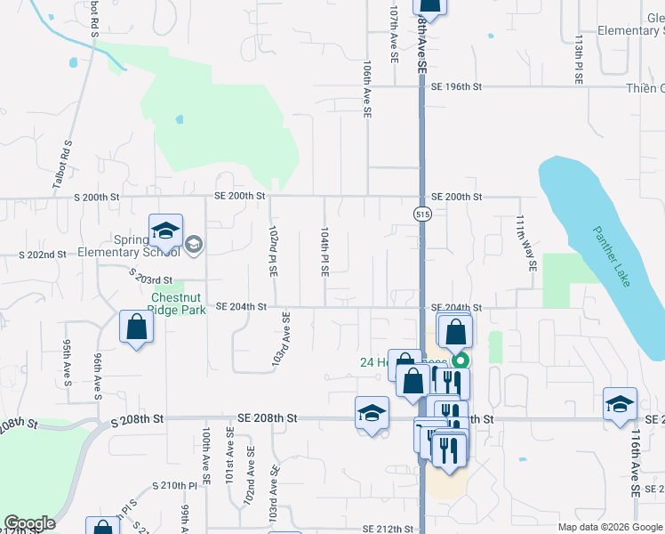 map of restaurants, bars, coffee shops, grocery stores, and more near 20211 104th Place Southeast in Kent