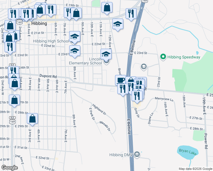 map of restaurants, bars, coffee shops, grocery stores, and more near County Highway 63 in Hibbing