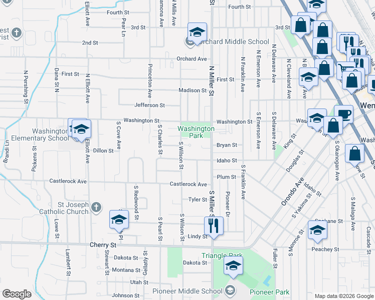 map of restaurants, bars, coffee shops, grocery stores, and more near 160 Lavender Court in Wenatchee