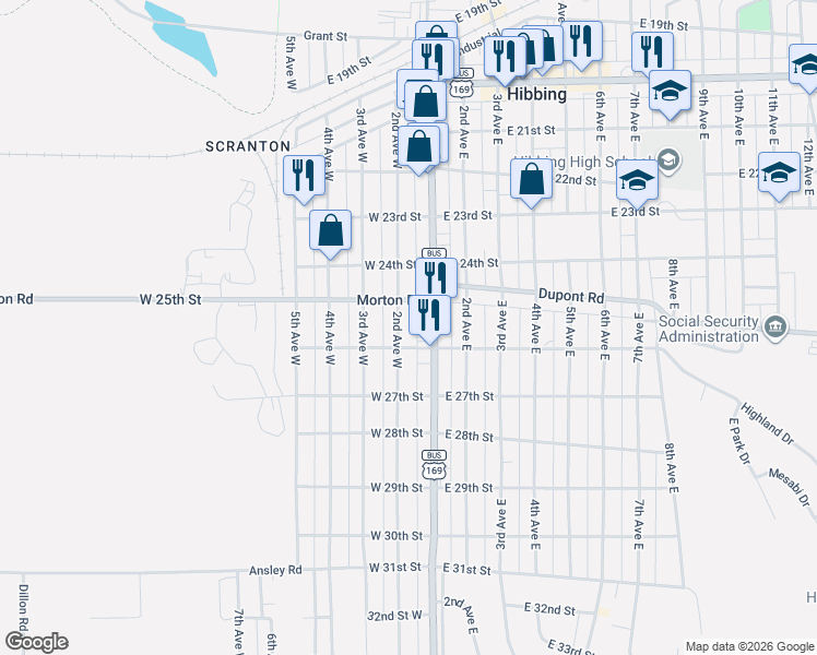 map of restaurants, bars, coffee shops, grocery stores, and more near 2520 2nd Avenue West in Hibbing