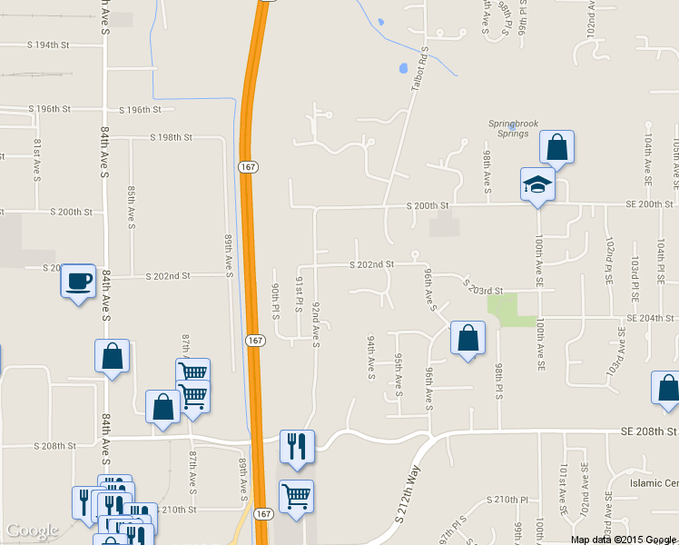 map of restaurants, bars, coffee shops, grocery stores, and more near 9231 South 202nd Street in Kent