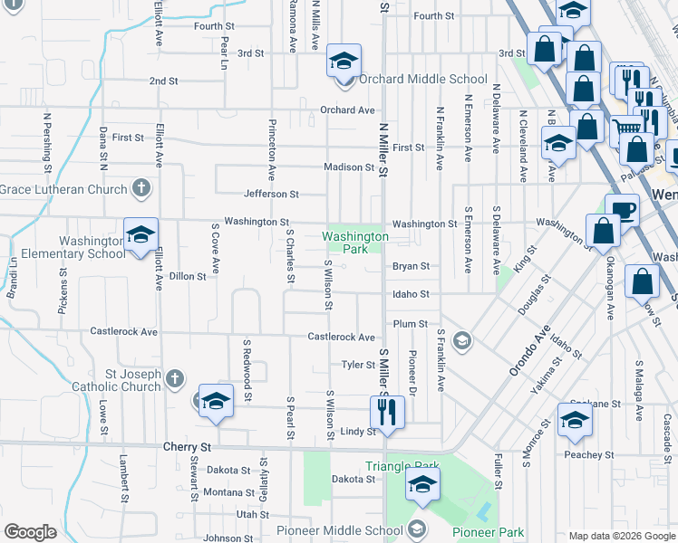 map of restaurants, bars, coffee shops, grocery stores, and more near 160 Lavender Court in Wenatchee