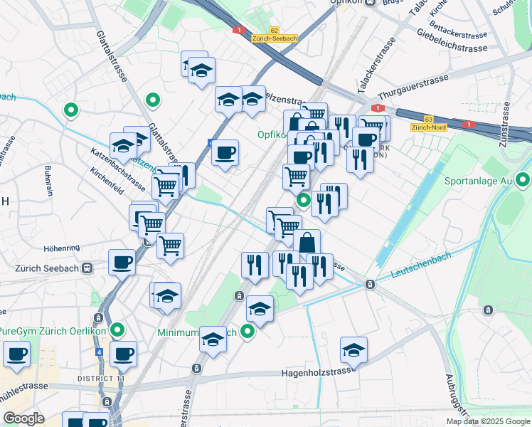 map of restaurants, bars, coffee shops, grocery stores, and more near 101 Thurgauerstrasse in Opfikon