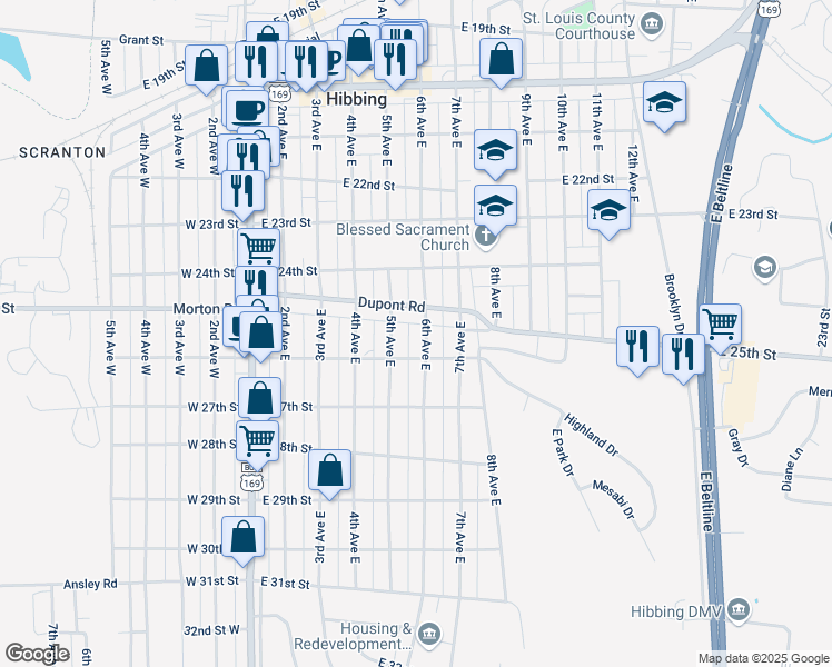 map of restaurants, bars, coffee shops, grocery stores, and more near 2517 6th Avenue East in Hibbing
