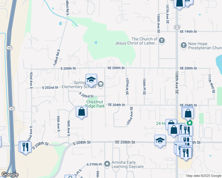 map of restaurants, bars, coffee shops, grocery stores, and more near 10017 Southeast 202nd Street in Kent