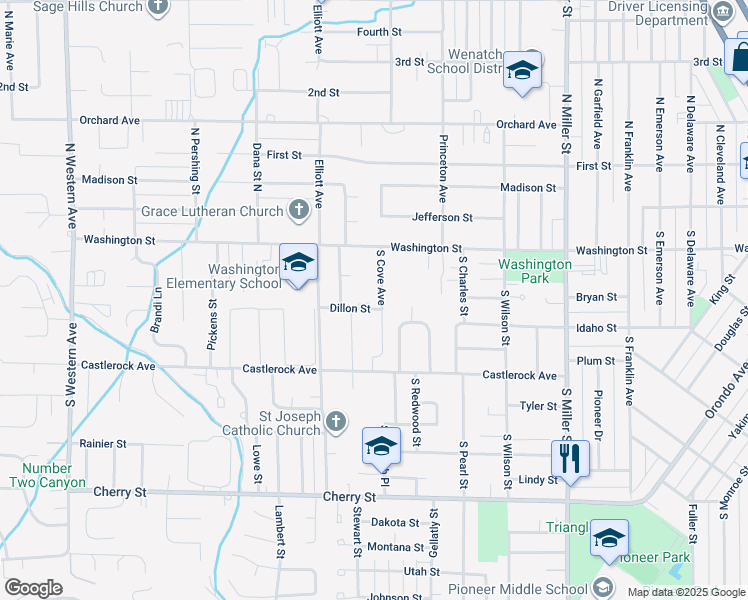 map of restaurants, bars, coffee shops, grocery stores, and more near 10 South Cove Avenue in Wenatchee