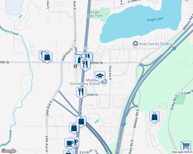 map of restaurants, bars, coffee shops, grocery stores, and more near 20051 30th Avenue South in SeaTac