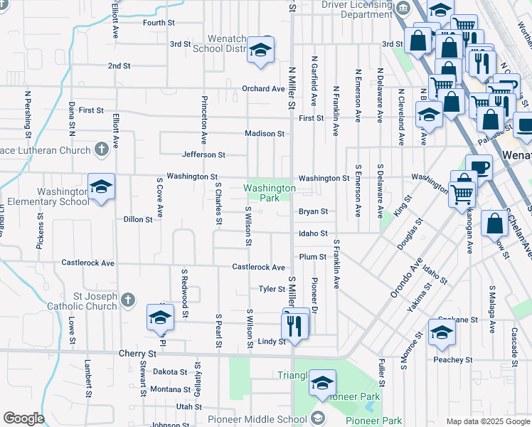map of restaurants, bars, coffee shops, grocery stores, and more near 111 South Wilson Street in Wenatchee